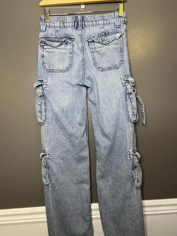 Aeropostale Cargo Jeans Womens XS Light Wash Blue Low Rise Straight Ruffle Denim - Image 7