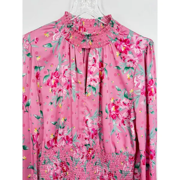 Wayf blouse women's large smocked high neck satin floral balloon sleeve pink - Image 2