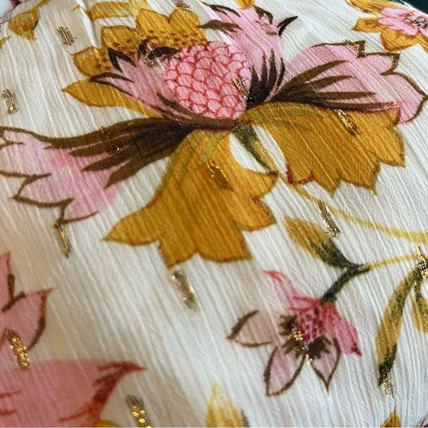 Haver + Blair Floral Smocked Blouse XL Gold Thread Boho Flutter Sleeve Top - Image 6