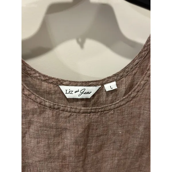 Liz & Jane Linen Tank Top Women’s Size Large Brown Turquoise Fringe Lagenlook - Image 2