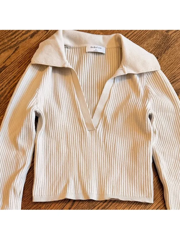 Aritzia Babaton Sculpt Knit Long Sleeve Polo Beige Taupe S - Image 5