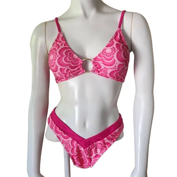 Pink Floral High Cut Bikini (S) Pink - Image 5