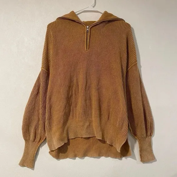 Aerie Oversized Half Zip Sweater XS Camel Chunky Knit Cozy Lounge - Image 2