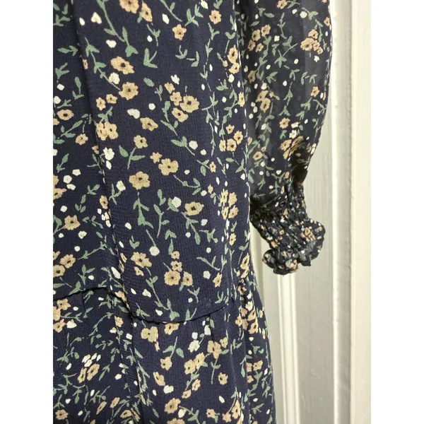 Bohme Navy Blue Floral Tiered Midi Dress Long Sleeve Smocked Cuffs Womens Size M - Image 3