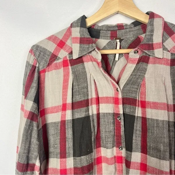 Free People Peppy in Plaid Red & Brown Plaid‎ Long Sleeve M - Image 5