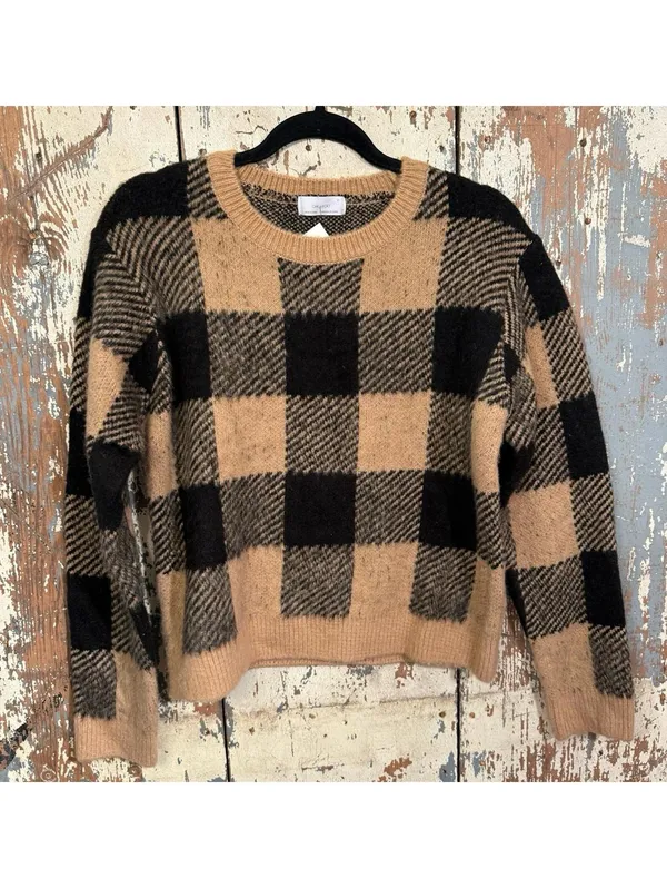 NWT Oak + Fort Checkered Crewneck Sweater Size Small Black & Tan - Image 2