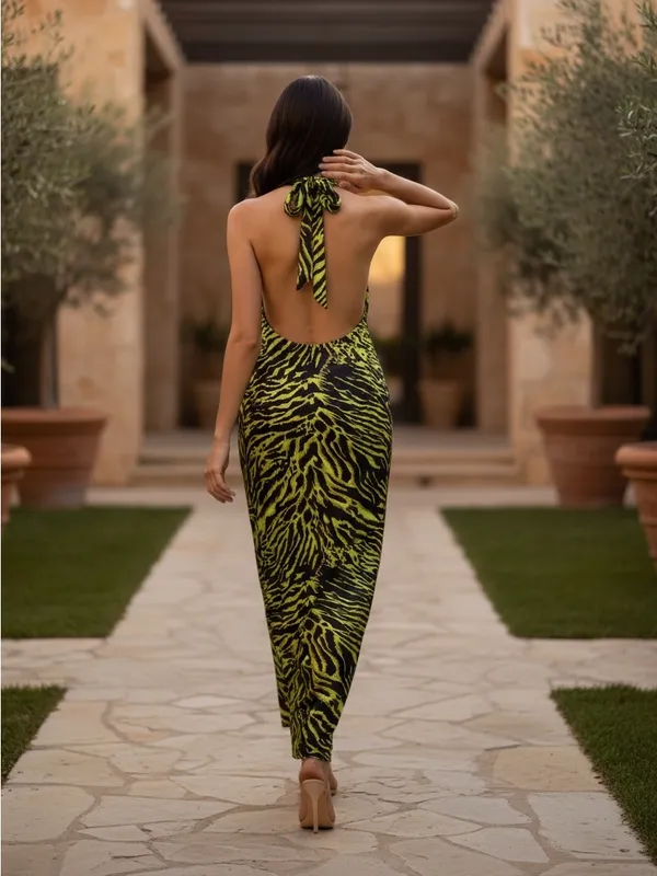 Ganni Women’s Lime Tiger Halter Top Dress Size 42/L Silk NWT Casual Evening Dres - Image 2