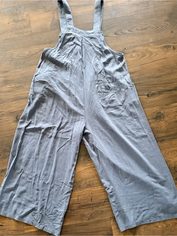 ANRABESS Medium Slate Blue Linen Blend Sleeveless Wide Leg Overalls Jumpsuit - Image 4
