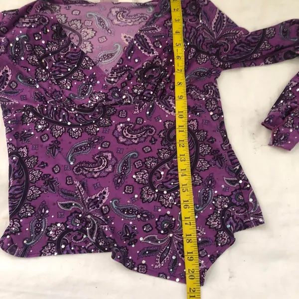 Y2K Vintage Purple paisley top shirt blouse long flare sleeves w/slit beaded rhinestone embroidery #whimsygoth #fairy #grunge - Image 6