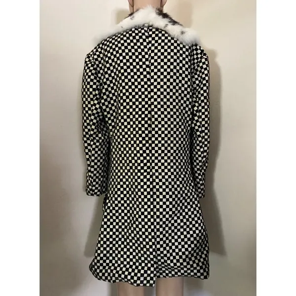 Rik Villa XS 2 Jacket Coat Checkerboard Black White Fur Collar Check Plaid Artsy - Image 4