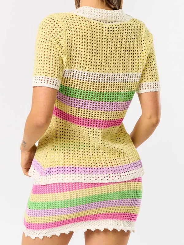 Blue Blush Crochet Knit Stripe Skirt Set | Pastel Rainbow Two-Piece Cover Up Set - Image 2