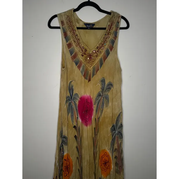 Riviera Sun Tropical Boho Embroidered Sequin Handkerchief Hem Dress L - Image 2