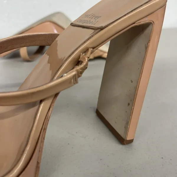 Jeffrey Campbell sz6.5 tan open toed square toe nude patent hustler high heels - Image 6