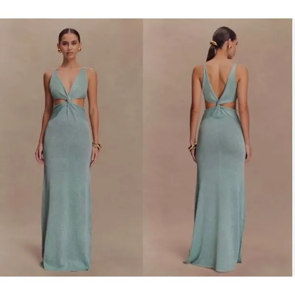 NEW Meshki Gracelyn Twisted Metallic Knot Maxi Dress Aqua Blue Size Small - Image 3