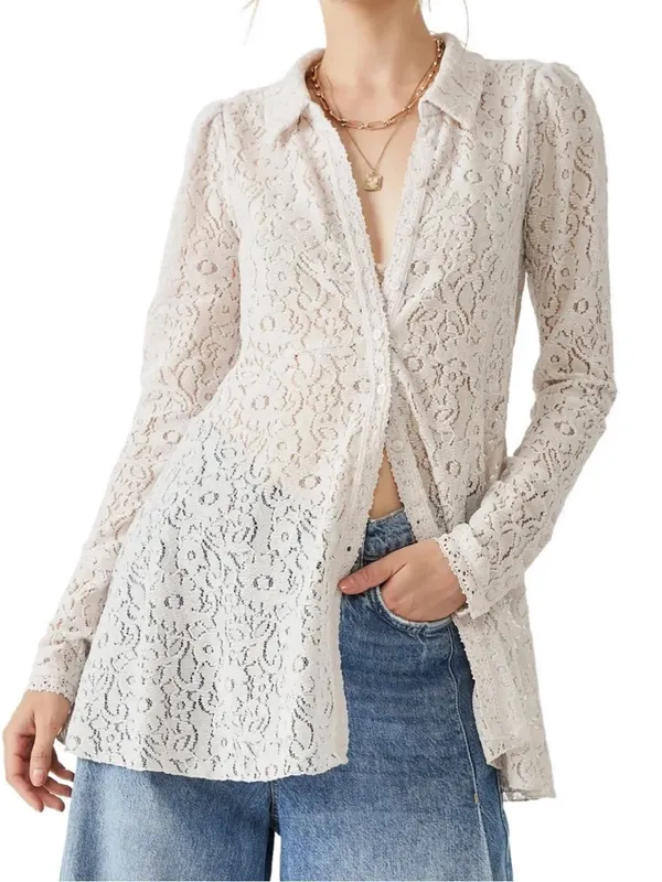 Free People Heather Lace Boho Romantic Long Sleeve Tunic Champagne Dream M - Image 10