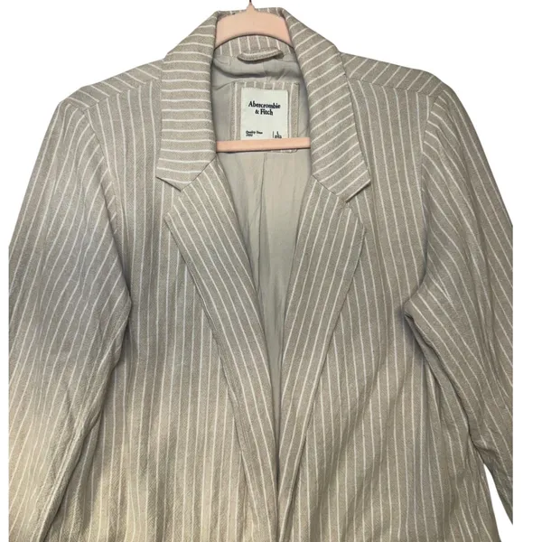 Abercrombie &‎ Fitch Womens L Tan White Striped Linen Blend Open Front Blazer - Image 4