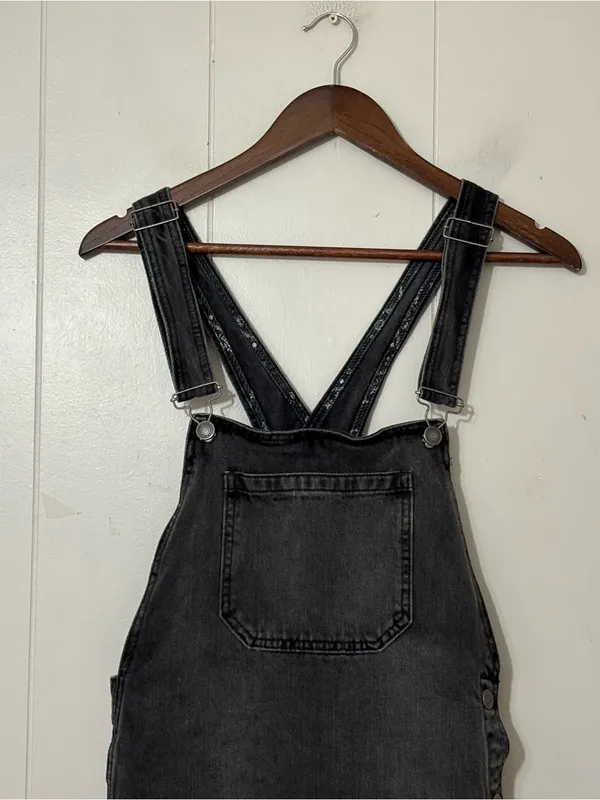 Free People Rocky Mountain Denim Overall Dress Charcoal Gray Sz 8 Snap Side Mini - Image 3