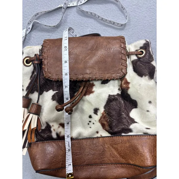 Jen & Co Backpack OS Cow Print Brown Faux Leather Tassel Western Boho Bag - Image 7