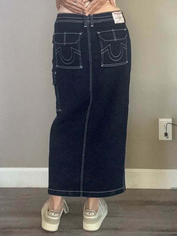 True Religion Dark Denim Front Slit Maxi Skirt with Contrast Stitching sz 28 - Image 2