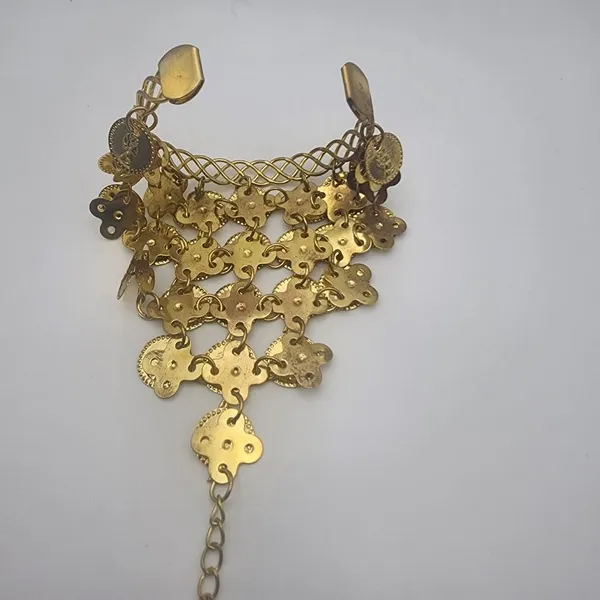 Belly Dancer Gold Tone Coin Cuff Bracelet & Attached Ring - Image 4