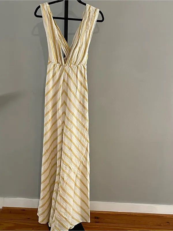 Free People Veronica Wide Leg Jumpsuit Women Yellow Striped Boho Size 8 - Image 3