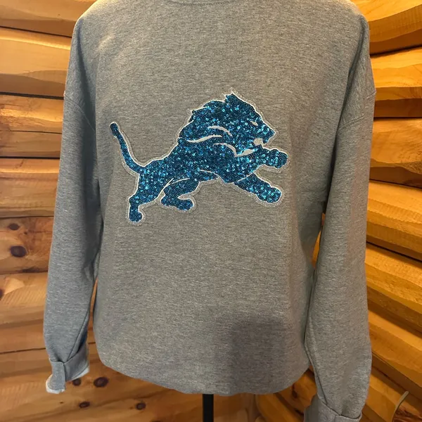 Detroit lions sweater! NFL Gray Sweatshirt with Blue Glitter Logo! Size large - Image 3