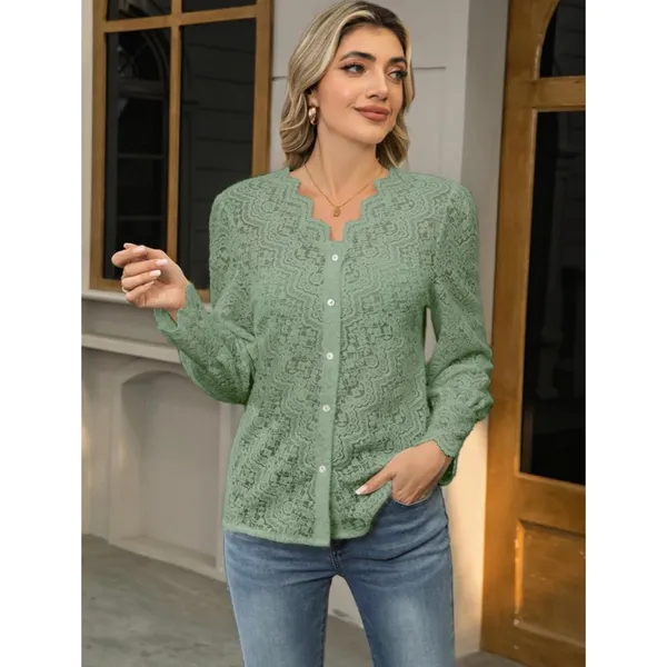 NEW Light Green Lace Tops Blouse Puff Long Sleeve V Neck Button Down M - Image 7