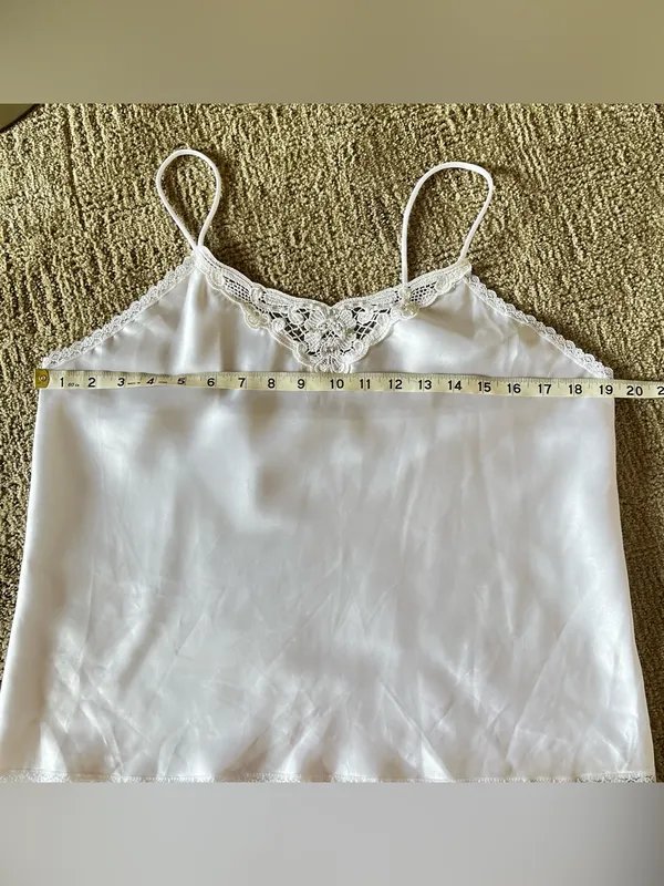 Vintage body chic White Lace Trim bejeweled pearl detail Satin Camisole - Image 5
