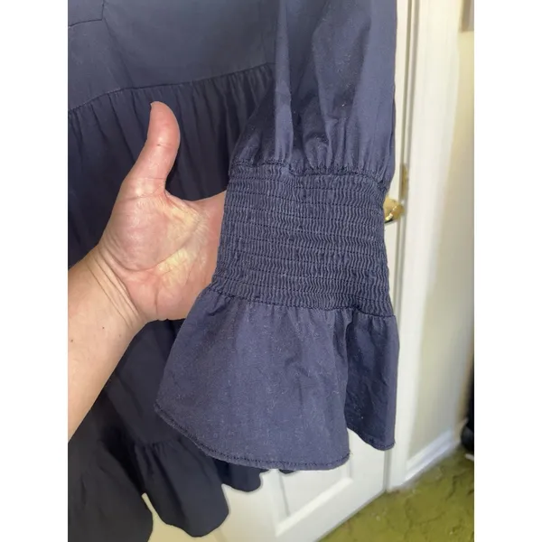 Pomander Place Tuckernuck Navy Crepe Kenzo Tiered Mini Dress XL Minimal Cottage - Image 7