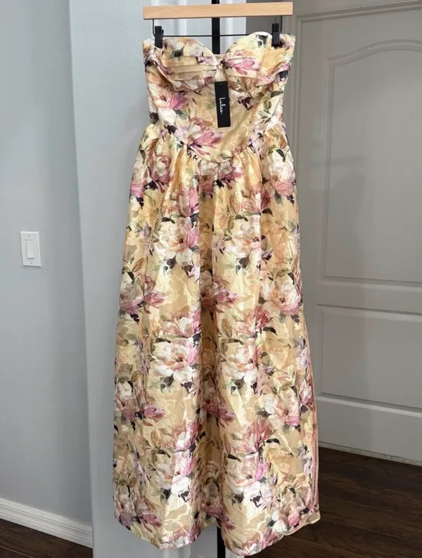 Lulu's Kathani Light Yellow Floral Jacquard Bustier Maxi Dress NWT Size S - Image 6