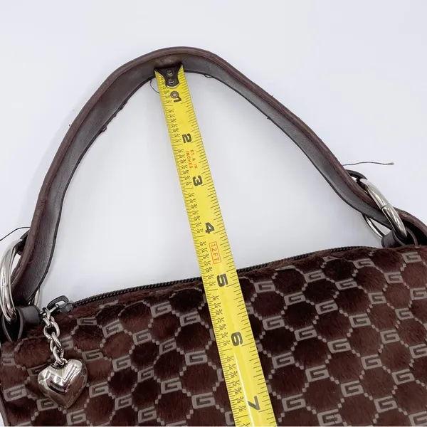 Vintage 90s Y2K Faux Fur Mini Bag Purse Chocolate Brown Printed Heart Charm Zip - Image 9