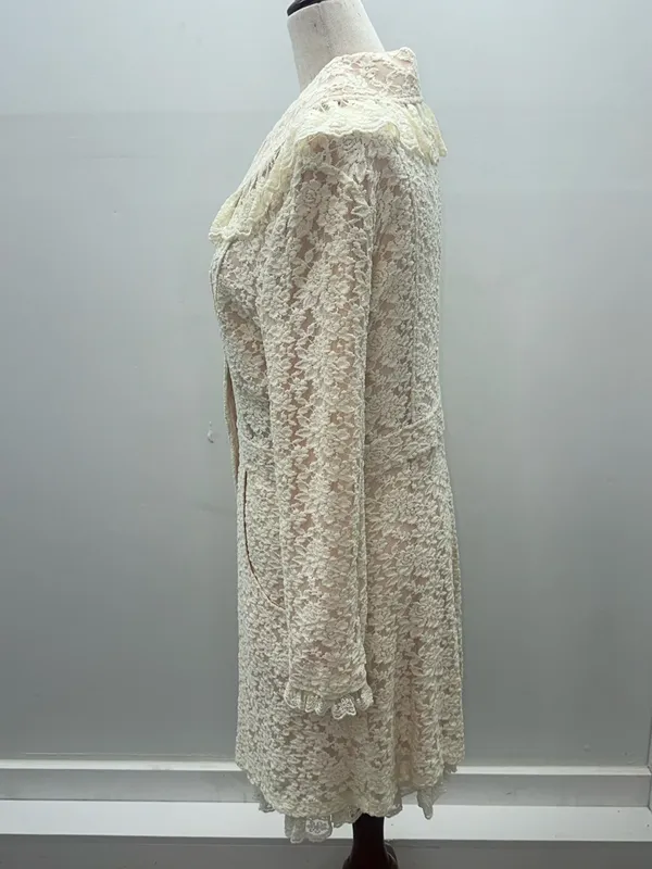 SassyBling Womens Medium Cream Floral Lace Duster Pea Coat Ruffle Coquette - Image 2