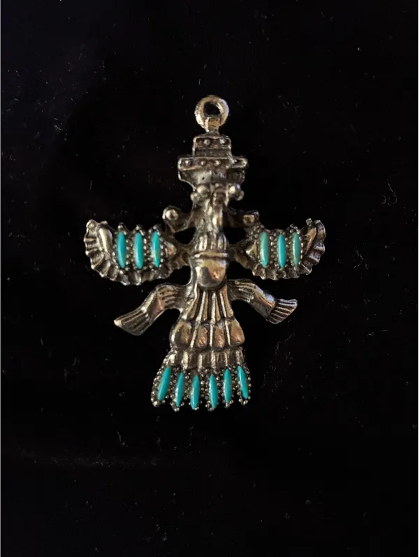 Vintage Southwestern Silver-Tone Thunderbird Kachina Pendant with Faux Turquoise - Image 2