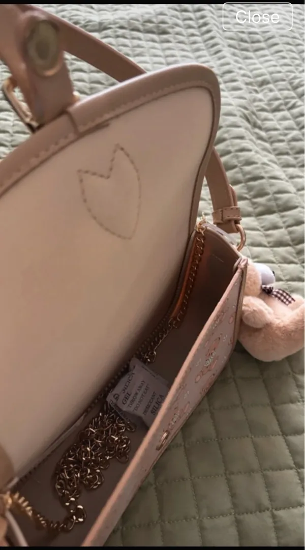 & Other Stories Pink Teddy Bear Print Crossbody Bag Gold Hardware Chain Strap Buckle Charm - Image 3