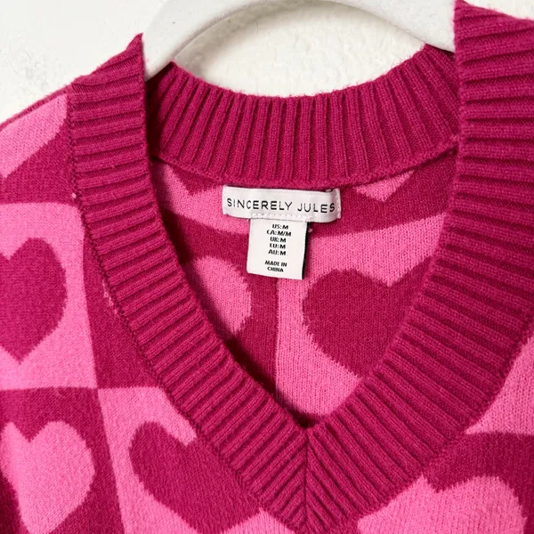 [Sincerely Jules] Pink Geometric Heart Print V-Neck Oversized Sweater Sz Medium - Image 9