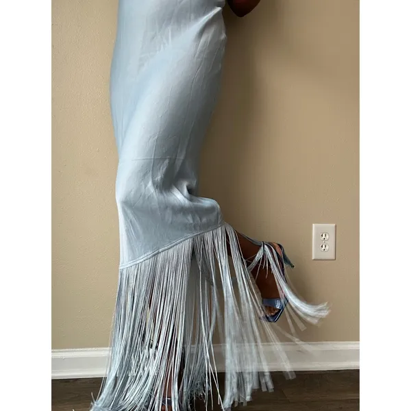 Camila Coelho Blue Halter Neck Fringe Maxi Dress Size Small - Image 3