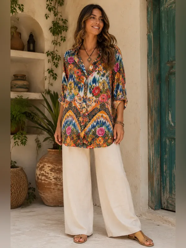 Brazilian 100% Viscose Mixed Print Boho Art Blouse Floral Eclectic L Dopamine - Image 2