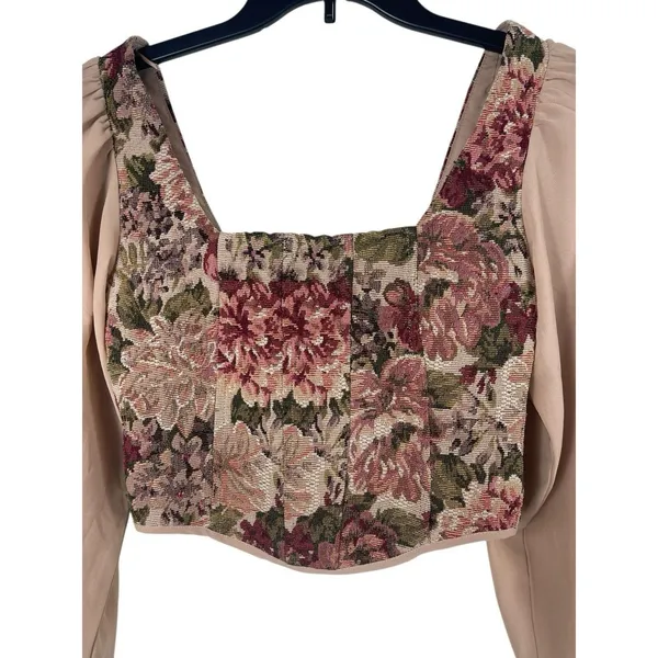 Tapestry Floral Crop Top Square Neck Puff Sheer Sleeve Renaissance Cottage Top S - Image 3
