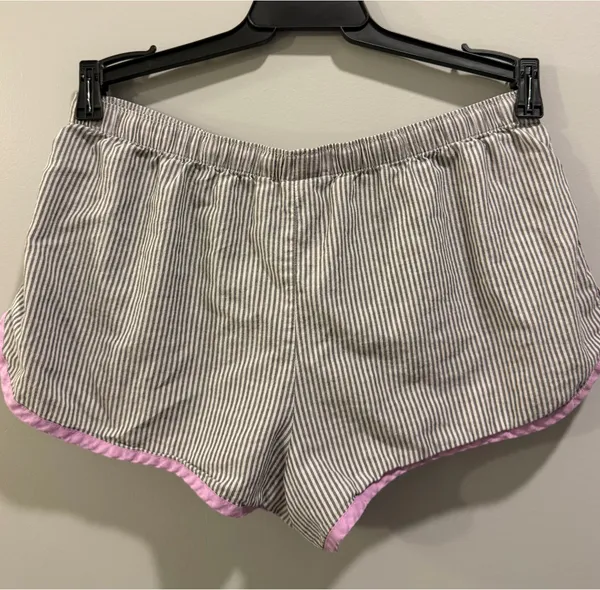 Victoria’s Secret Striped Embroidered Detail Long Sleeve Oversized Pajama Top and Shorts Set Grey and Purple - Image 8