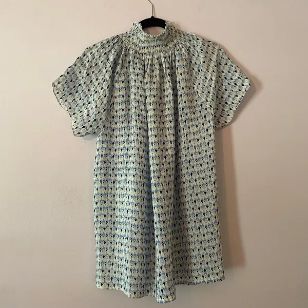 Rungolee Blue White Floral Silk High Neck Smocked Blouse Fairy Women size Large - Image 6