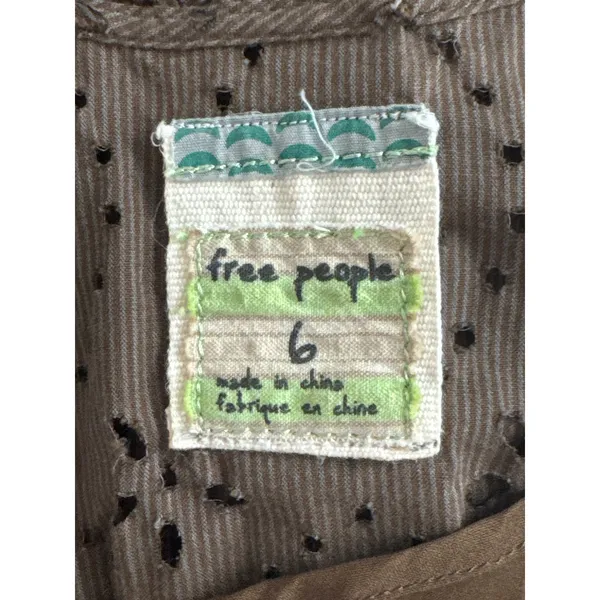 Free People Olive Green Eyelet Lace Up Tiered Mini Dress Size 6 Boho Cottagecore - Image 11