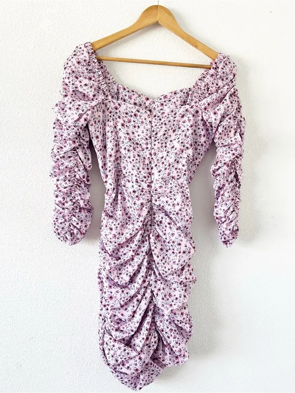 NICHOLAS Floral Ruched Mini Dress Size 4 Pink Purple Puff Sleeve Sweetheart - Image 9