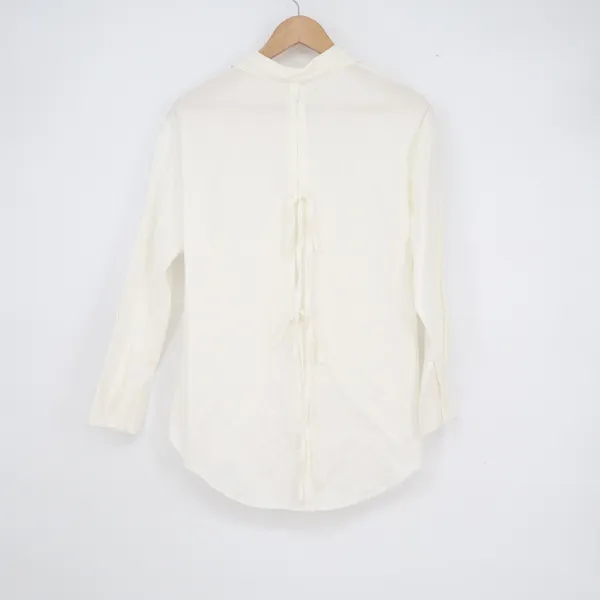 White Tie Back Button Down Shirt Long Sleeve Collared Blouse Chest Pocket - Image 3