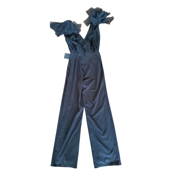 NWT Lulus Black V-Neck Tulle Overlay Ruffle Sleeve Wide Leg Jumpsuit Formal - Image 5