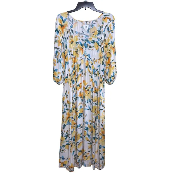 Gap Maternity Dress Womens Large Floral V-Neck Midi Boho Puff Sleeve Yellow Blue - Image 2