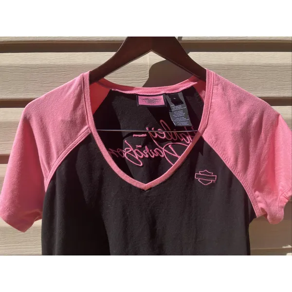 Harley Davidson Women's‎ Black Pink Stitching V Neck Short Sleeve Shirt Large - Image 4