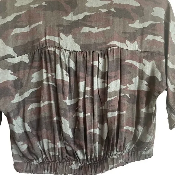 American Eagle Womens Camo Cropped Tie‎ Front Shirt S Green Brown Y2K Streetwear - Image 3