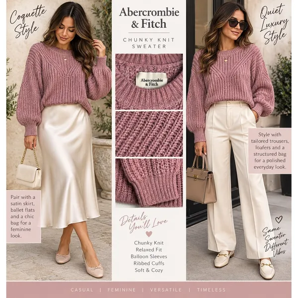 Abercrombie & Fitch Pink Chunky Knit Balloon Sleeve Sweater Medium Quiet Luxury - Image 2