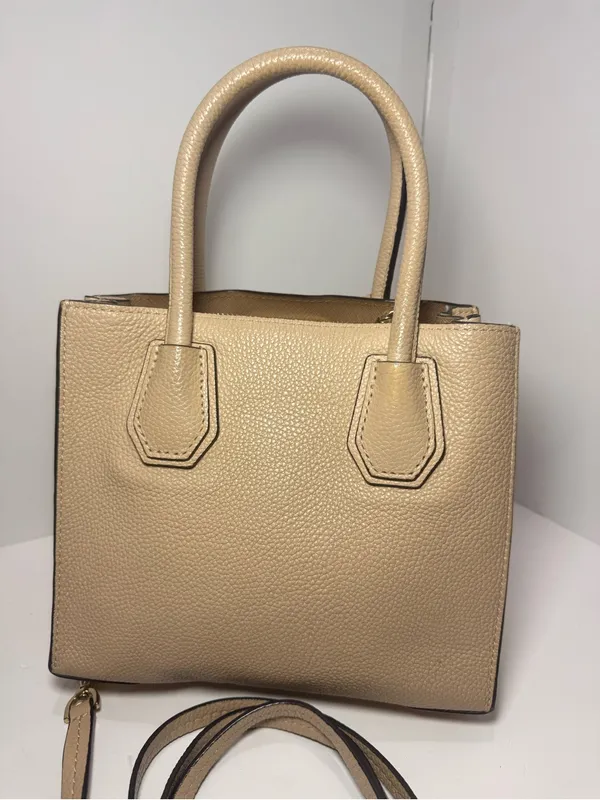 Michael Kors Mercer Small Pebbled Leather Satchel Crossbody Beige Gold - Image 12