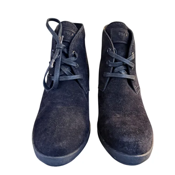Quiet Luxury Prada Suede Wedge Ankle Boots Black‎ Size 37.5 - Image 3